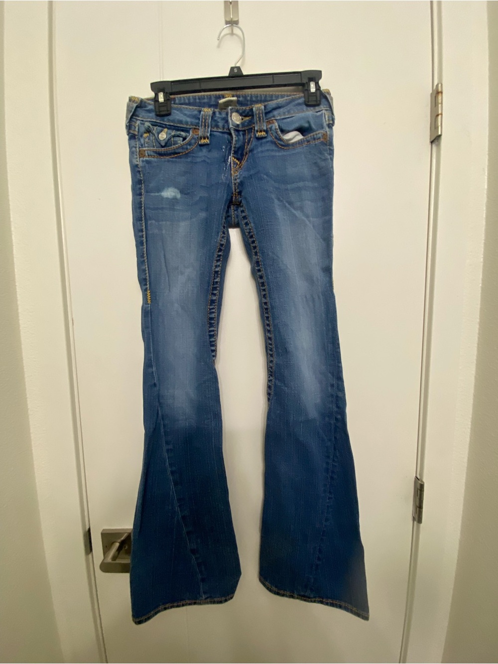True Religion Women's Blue Flare Jeans - Distressed Mid Wash